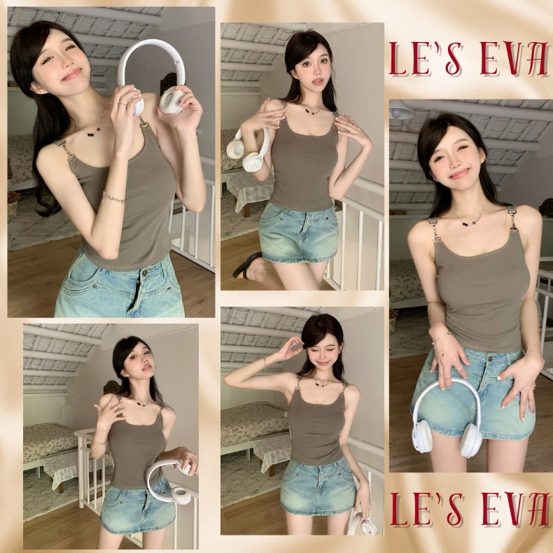 Áo ngắn 2 dây không tay sát nách Cotton trơn phối dây quai xích đệm ngực mềm mại thoải mái CT03 - LESEVA STORE