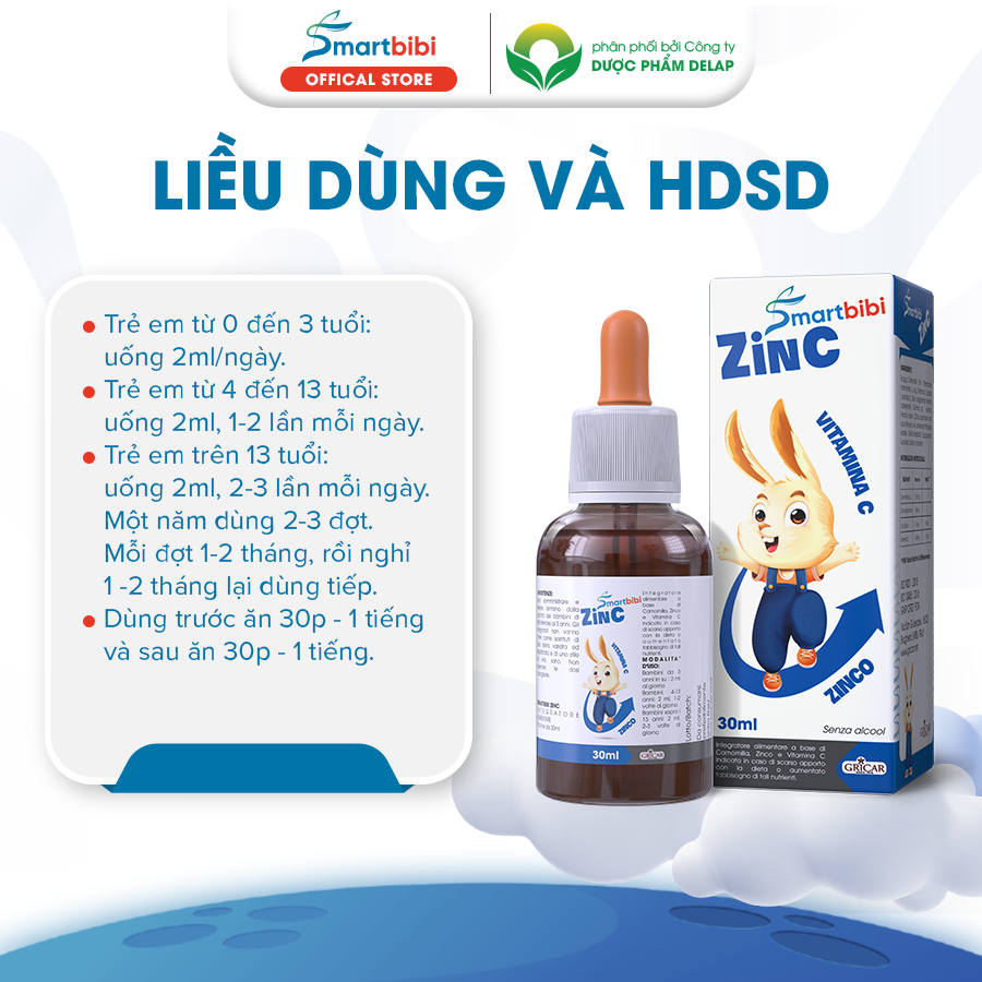 Kẽm Smartbibi Zinc bổ sung vitamin C giúp bé ăn ngon, giảm ốm vặt, tăng khả năng tập trung trí nhớ 30ml - hanzomart