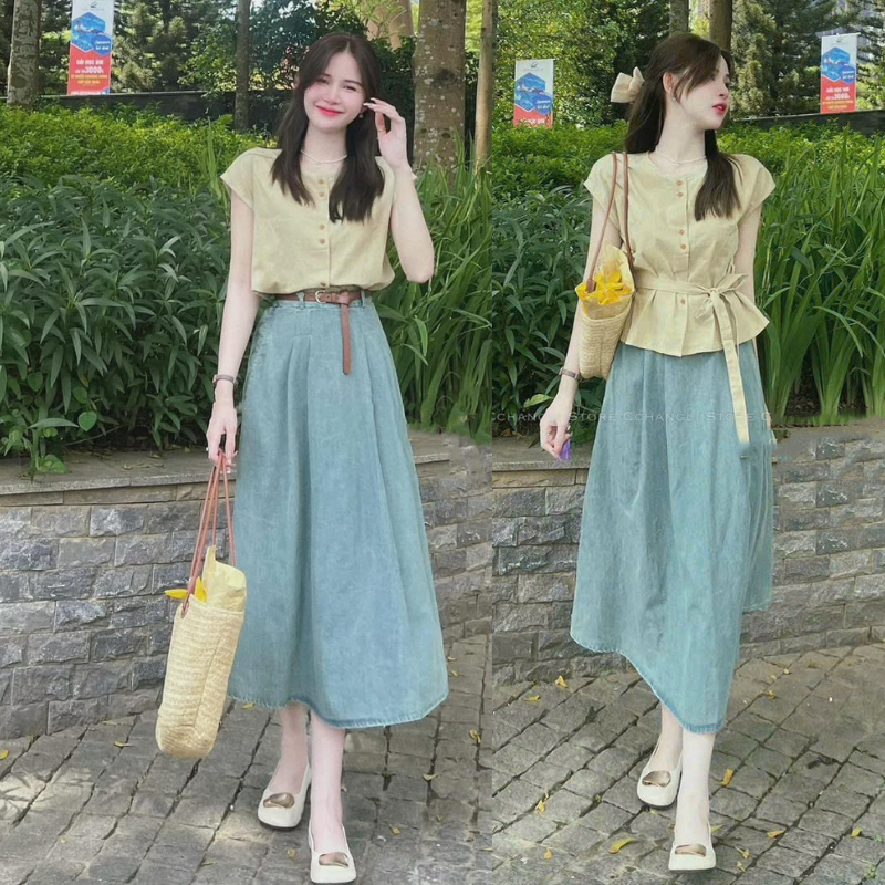 Set Váy Jean Mix Áo Kiểu Set Váy Nữ Áo Tay Hến Tiểu Thư Sang Chảnh , Bộ ...