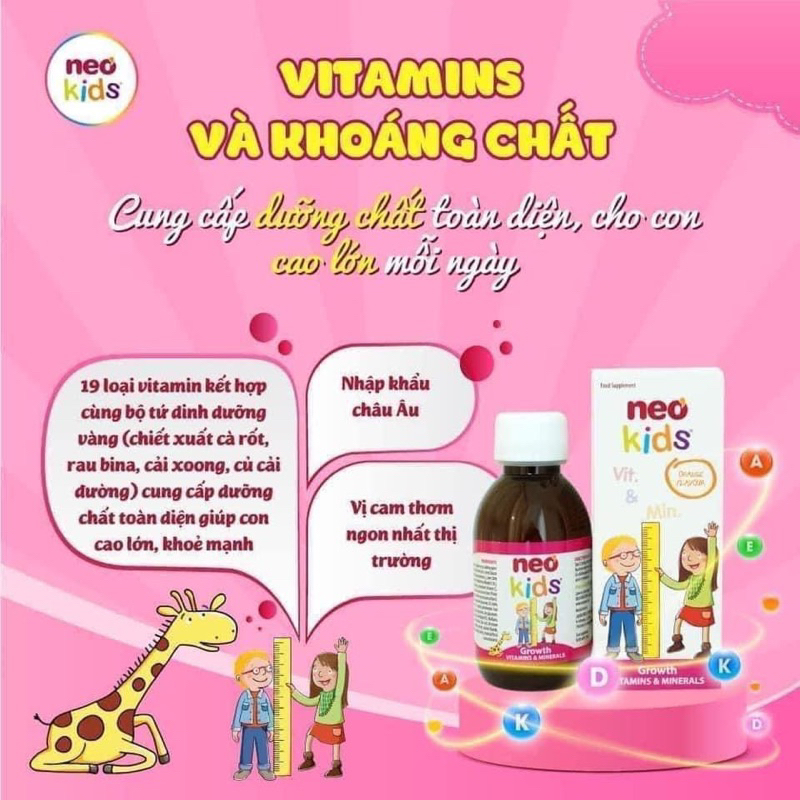 Combo 2 hộp Neo kids growth bổ sung vitamin và khoáng chất cho trẻ chai 150ml