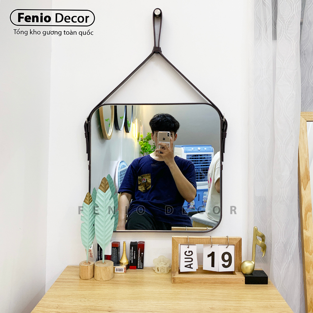 Ảnh Gương treo tường decor phòng ngủ FENIO Decor, gương trang điểm có 4 MÀU SẮC viền hình tròn hình vuông dây da dây thừng 3