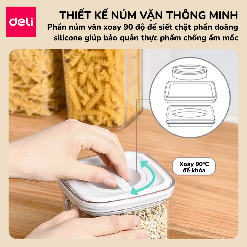 Hộp đựng thực phẩm khô Deli ngũ cốc nắp xoay Hũ nhựa, lọ nhựa siêu kín chống ẩm mốc, bảo quản đồ ăn