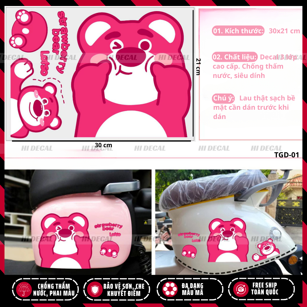 Hình dán sticker tem gấu dâu lotso dán xe dán điện thoại | TMN-H005 | Decal cao cấp chống nước, chống phai màu
