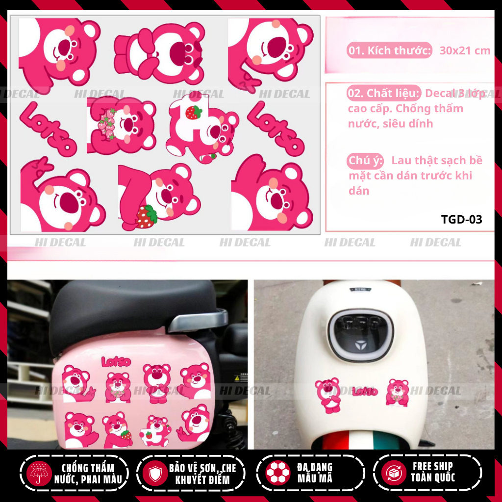 Hình dán sticker tem gấu dâu lotso dán xe dán điện thoại | TMN-H005 | Decal cao cấp chống nước, chống phai màu