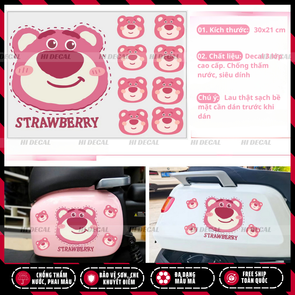Hình dán sticker tem gấu dâu lotso dán xe dán điện thoại | TMN-H005 | Decal cao cấp chống nước, chống phai màu