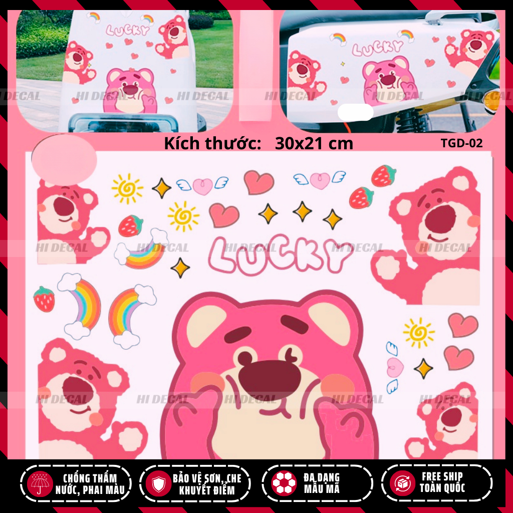 Hình dán sticker tem gấu dâu lotso dán xe dán điện thoại | TMN-H005 | Decal cao cấp chống nước, chống phai màu