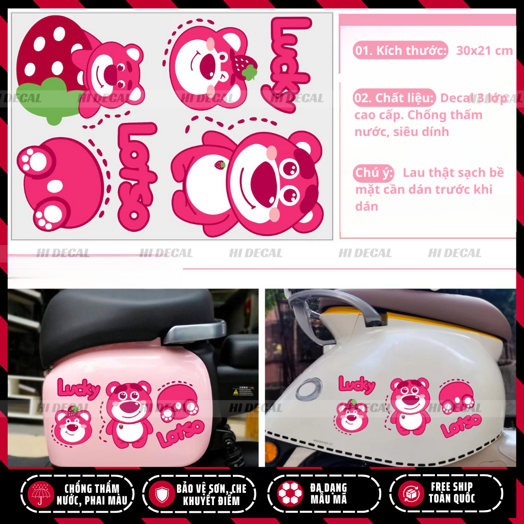 Tem gấu dâu lotso dán xe dán điện thoại | TMN-H005 | Decal cao cấp chống nước, chống phai màu