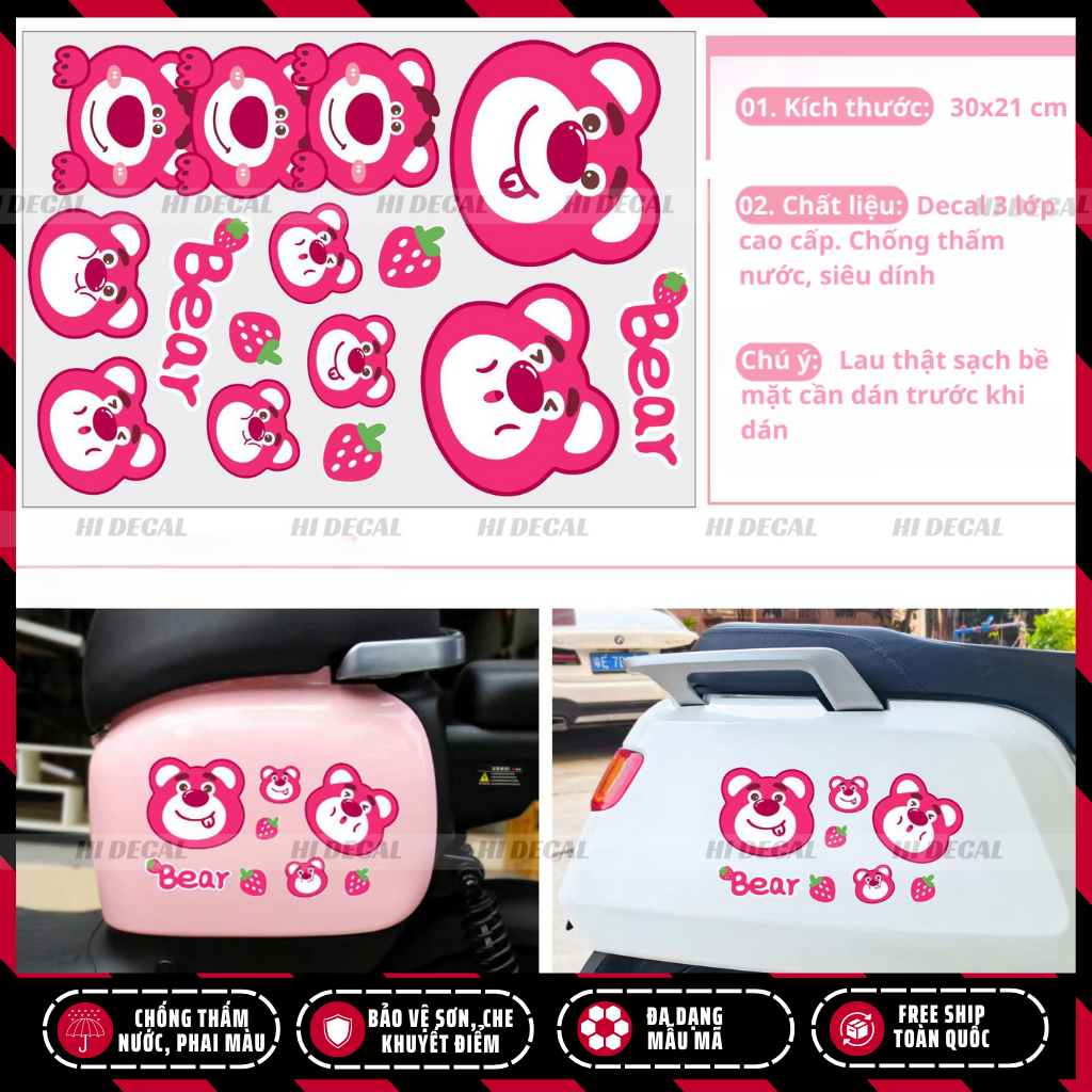 Tem gấu dâu lotso dán xe dán điện thoại | TMN-H005 | Decal cao cấp chống nước, chống phai màu