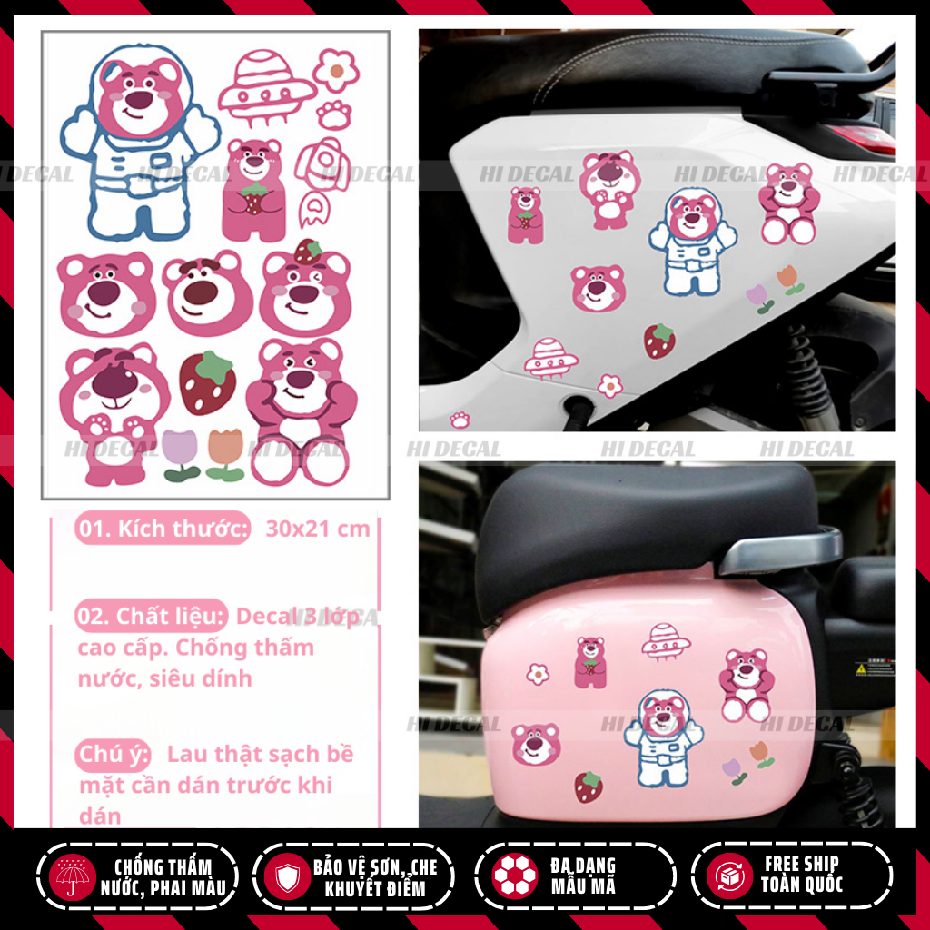 Tem gấu dâu lotso dán xe dán điện thoại | TMN-H005 | Decal cao cấp chống nước, chống phai màu