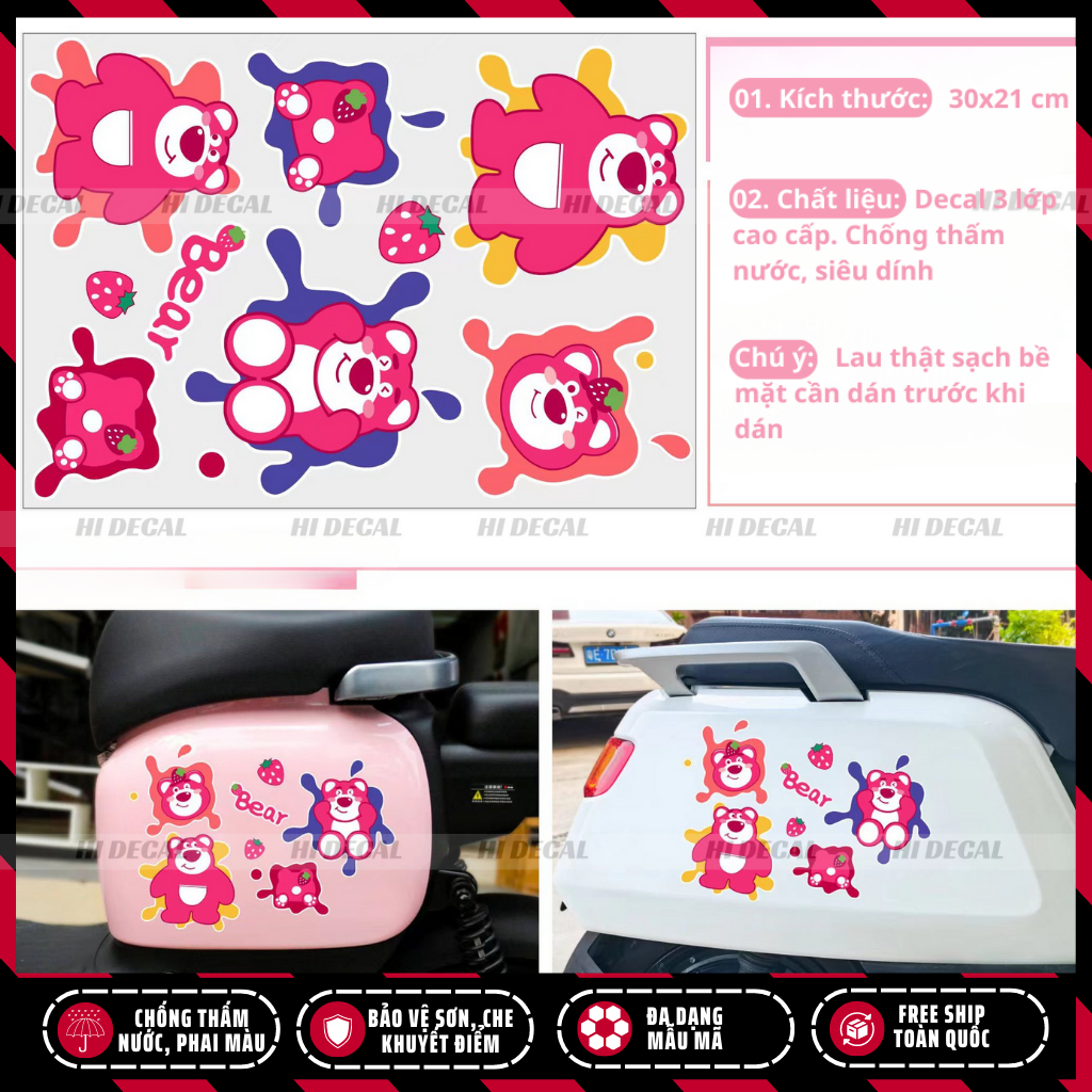 Tem gấu dâu lotso dán xe dán điện thoại | TMN-H005 | Decal cao cấp chống nước, chống phai màu