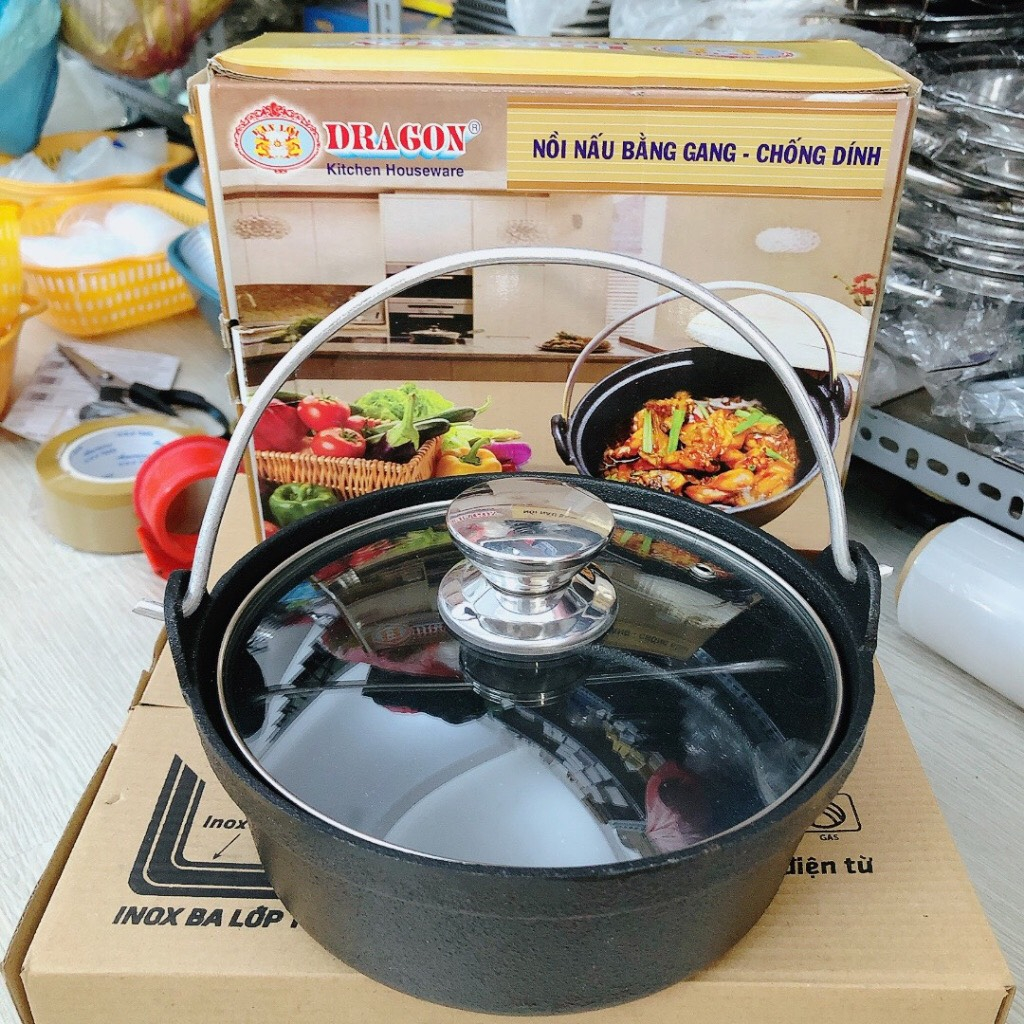 Nồi gang kho quẹt quai xách nắp gỗ, Chống Dính Vạn Lợi Cao Cấp size (17 -20 cm)