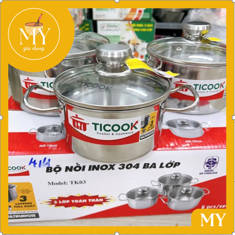 Bộ 3 nồi inox 304 3 lớp toàn thân TICOOK size 16cm - 18cm -20cm  DÙNG ĐƯỢC MỌI LOẠI BẾP