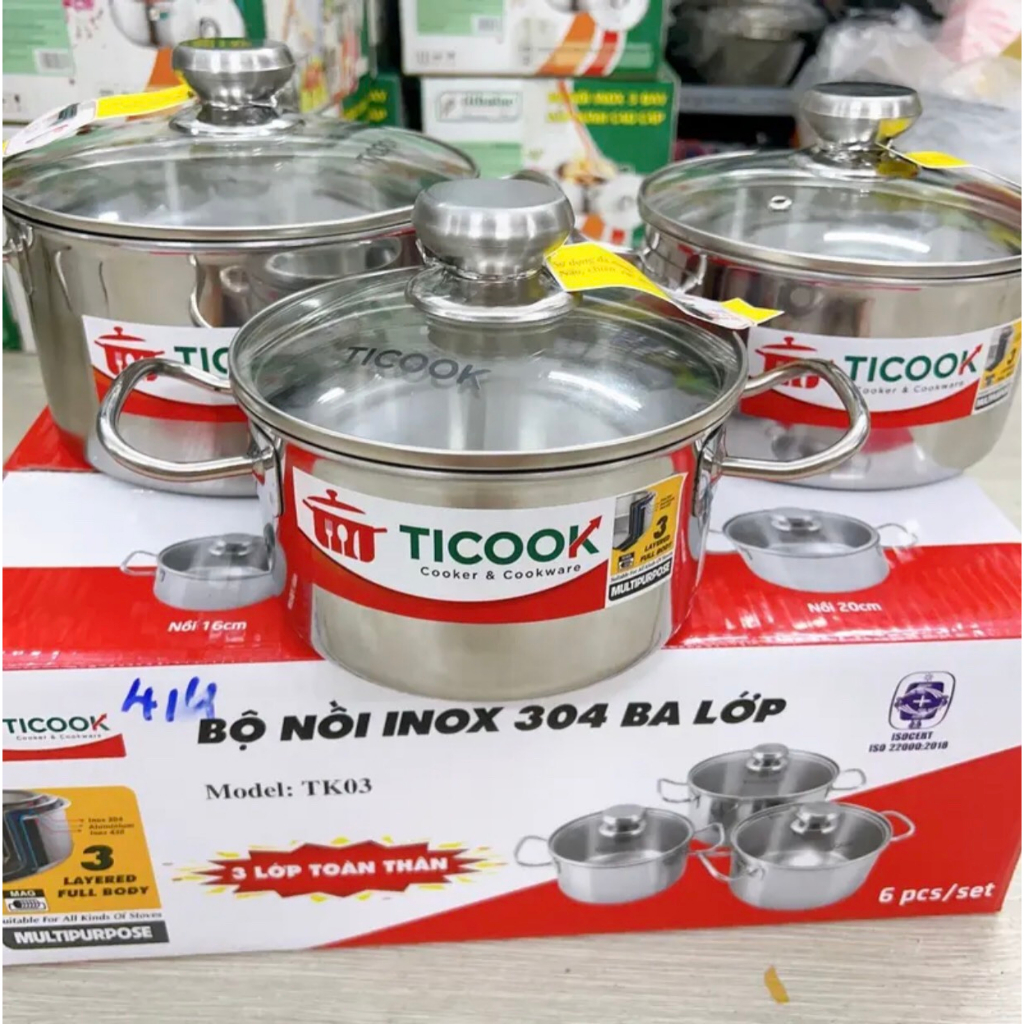 Bộ 3 nồi inox 304 3 lớp toàn thân TICOOK size 16cm - 18cm -20cm  DÙNG ĐƯỢC MỌI LOẠI BẾP