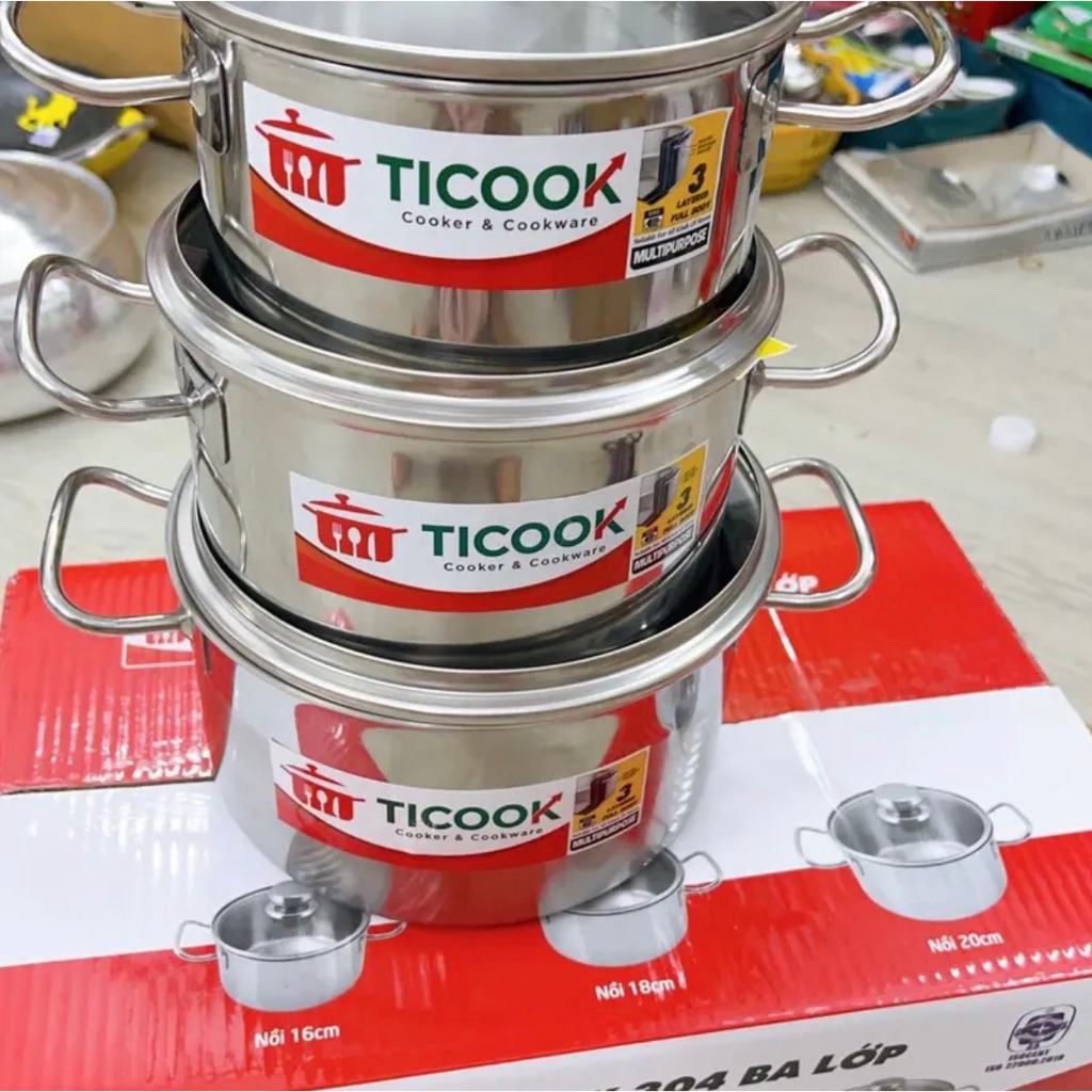 Bộ 3 nồi inox 304 3 lớp toàn thân TICOOK size 16cm - 18cm -20cm  DÙNG ĐƯỢC MỌI LOẠI BẾP