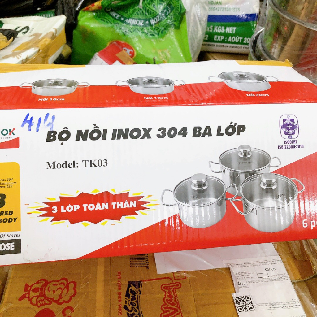 Bộ 3 nồi inox 304 3 lớp toàn thân TICOOK size 16cm - 18cm -20cm  DÙNG ĐƯỢC MỌI LOẠI BẾP
