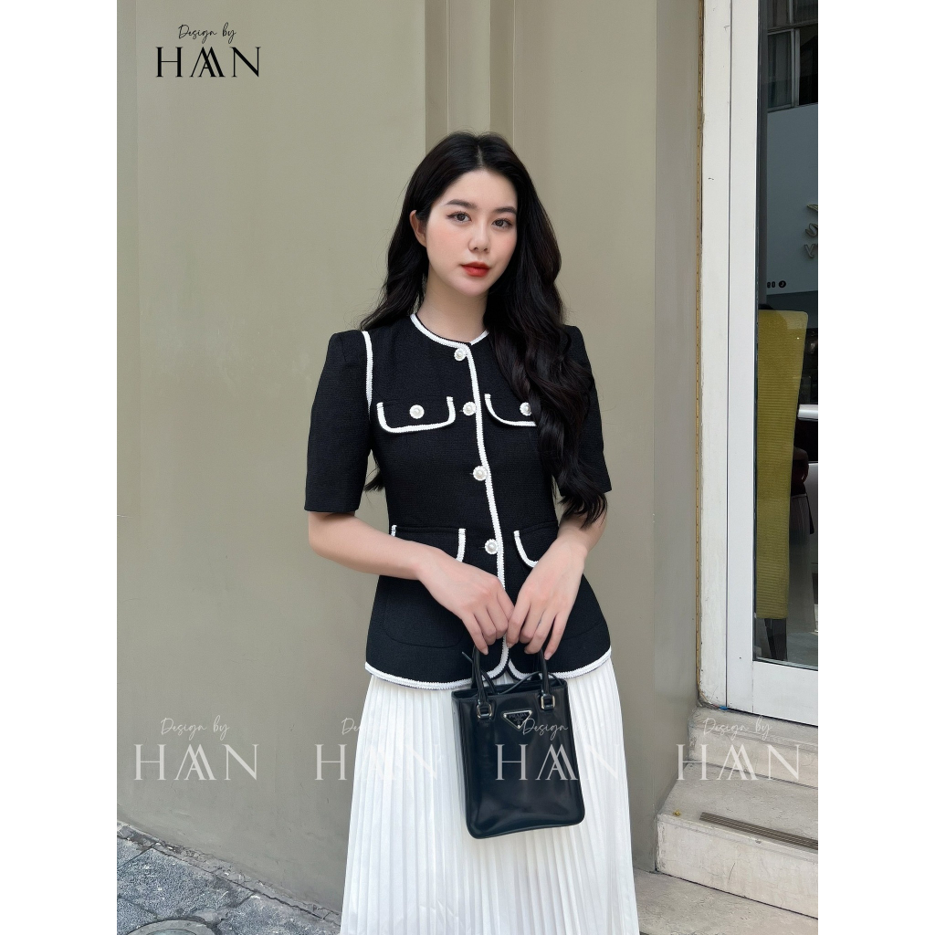 Áo Text HAANDESIGN thiết kế công sở chất liệu sợi dệt kèm nơ áo, sợi cao cấp mềm đẹp 3 màu (SM19)
