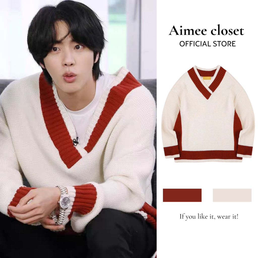 Áo len sweater cổ V viền đỏ cheap moment Jin BTS Aimee closet