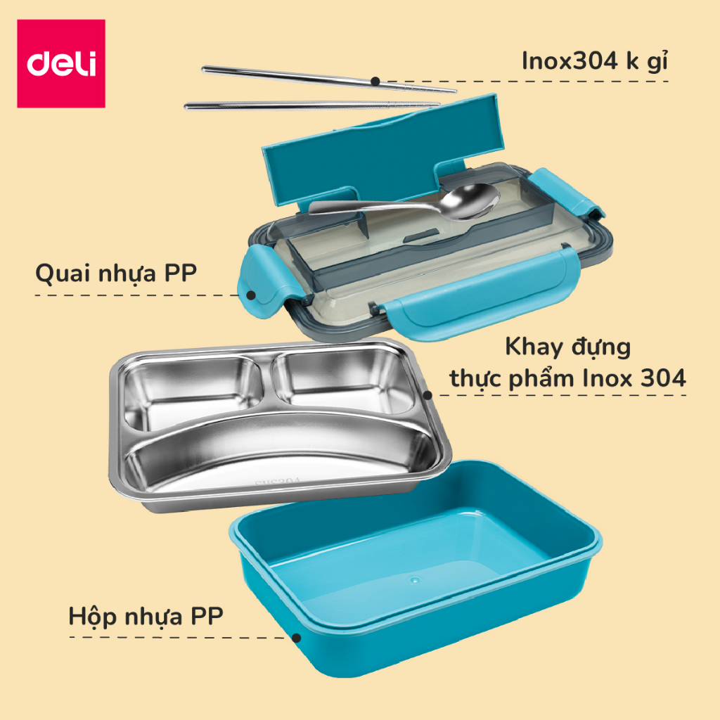 Hộp đựng cơm inox giữ nhiệt văn phòng Deli tặng kèm thìa đũa đa năng, hộp cơm trưa dùng được cho lò vi sóng