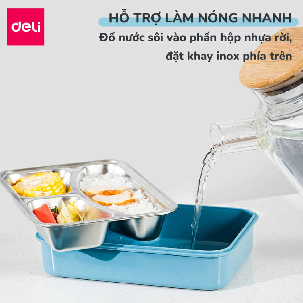 Hộp đựng cơm inox giữ nhiệt văn phòng Deli tặng kèm thìa đũa đa năng, hộp cơm trưa dùng được cho lò vi sóng