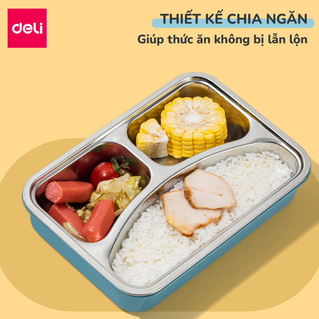 Hộp đựng cơm inox giữ nhiệt văn phòng Deli tặng kèm thìa đũa đa năng, hộp cơm trưa dùng được cho lò vi sóng