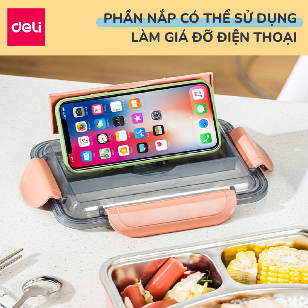 Hộp đựng cơm inox giữ nhiệt văn phòng Deli tặng kèm thìa đũa đa năng, hộp cơm trưa dùng được cho lò vi sóng