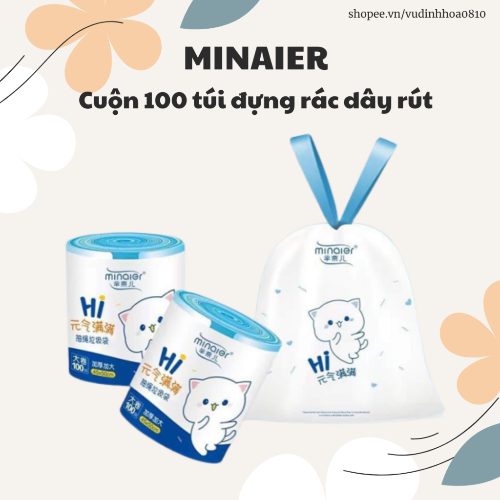 Cuộn 100 túi rác dây rút Minaier (10L) kích thước 45x50cm, tự huỷ sinh ...