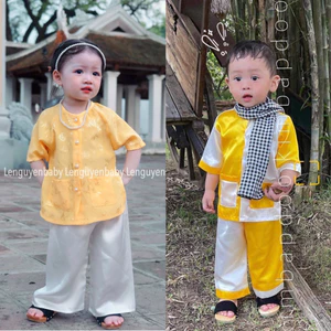 Bộ quần áo trẻ em - Sét cặp bé trai và bé gái màu Vàng Trắng - bé trai chất Lụa mềm mại + bé gái áo Gấm quần Lụa