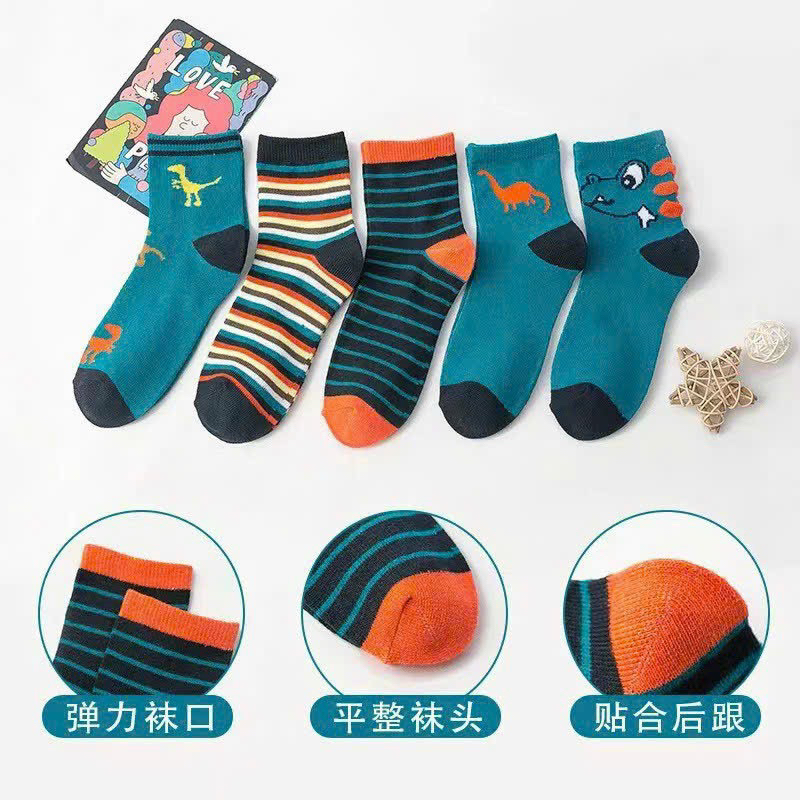 SÉT 5 ĐÔI TẤT KHỦNG LONG XANH ĐẬM CHO BÉ SIZE 1-12 TUỔI