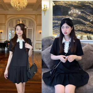 Set Dạ Tex Áo Phối Ren Cổ Trắng Mix Chân Váy Xếp Ly Có Lót Quần Kèm Ảnh Thật