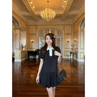 Set Dạ Tex Áo Phối Ren Cổ Trắng Mix Chân Váy Xếp Ly Có Lót Quần Kèm Ảnh Thật