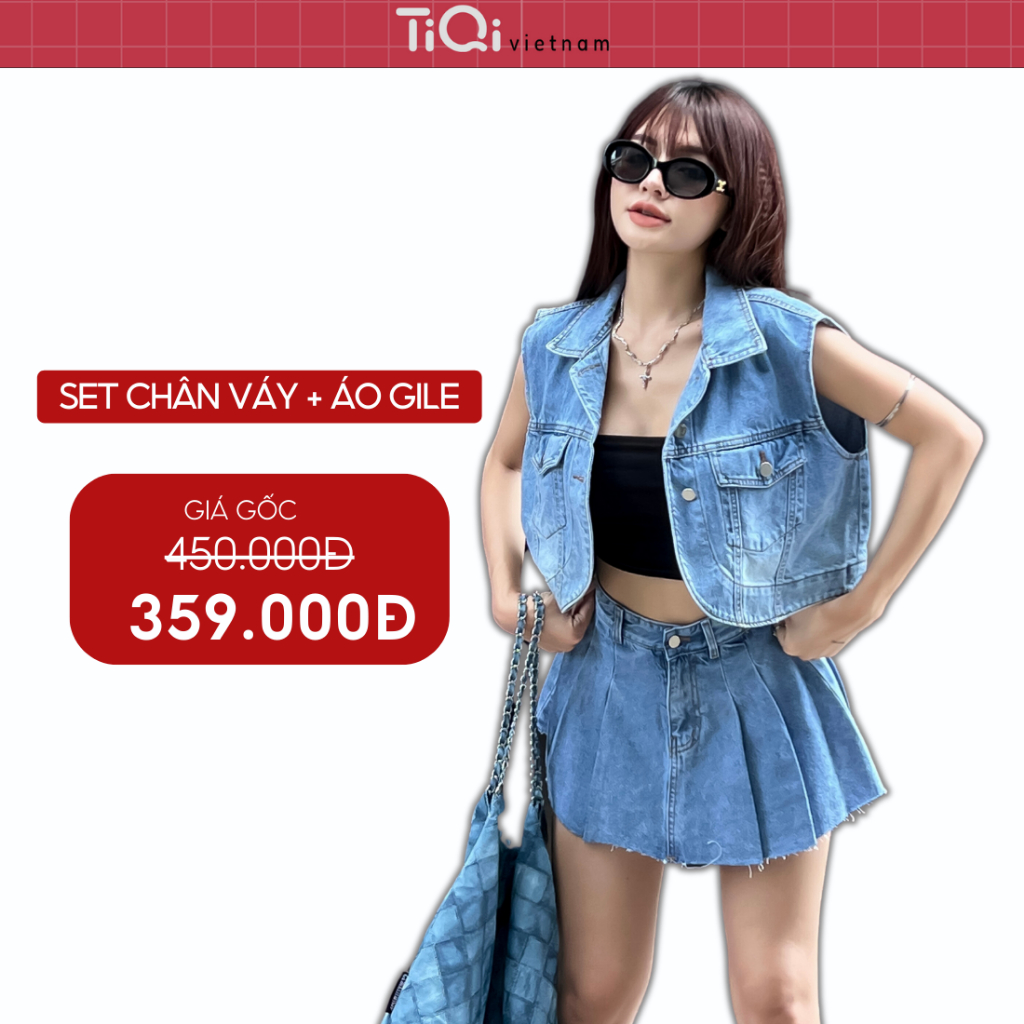 Set chân váy xếp ly – áo gile TiQi Jeans