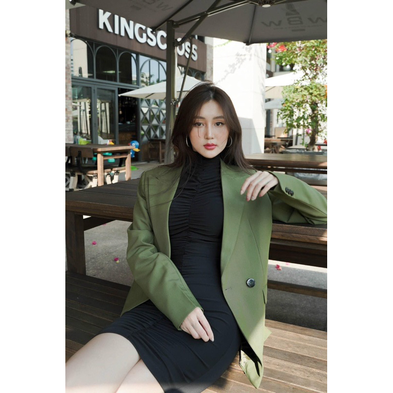 Áo blazer nữ [MAY THEO SỐ ĐO] -áo khoác vest -chất liệu cao cấp, 2 lớp, XANH RÊU, form 4 nút -Tiệm may Diluclothing