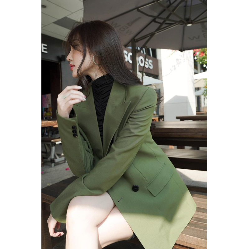 Áo blazer nữ [MAY THEO SỐ ĐO] -áo khoác vest -chất liệu cao cấp, 2 lớp, XANH RÊU, form 4 nút -Tiệm may Diluclothing