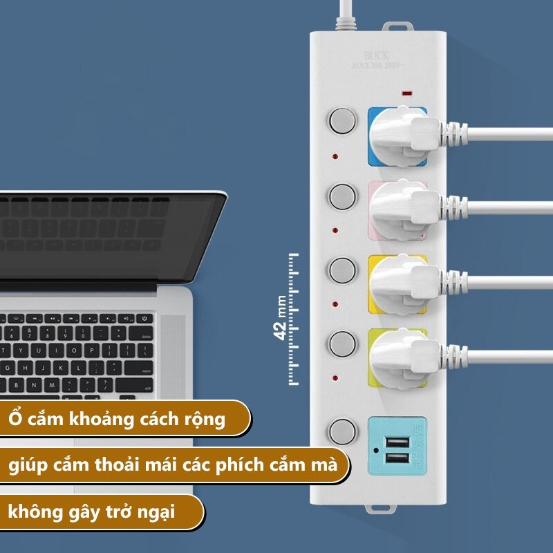 Ổ Cắm Điện USB Đa Năng Cao Cấp Chống Giật Dây Dài 4m 2 Cổng Cắm USB Có Chốt An Toàn Tiện Dụng, Ổ Cắm Điện Chịu Tải 2500W