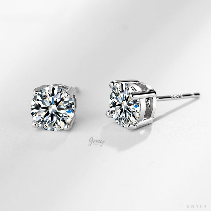 Khuyên tai nam nữ bạc 925 thanh thẳng ổ đá tròn 2 đơn giản unisex (1 chiếc) | GEMY SILVER KN103