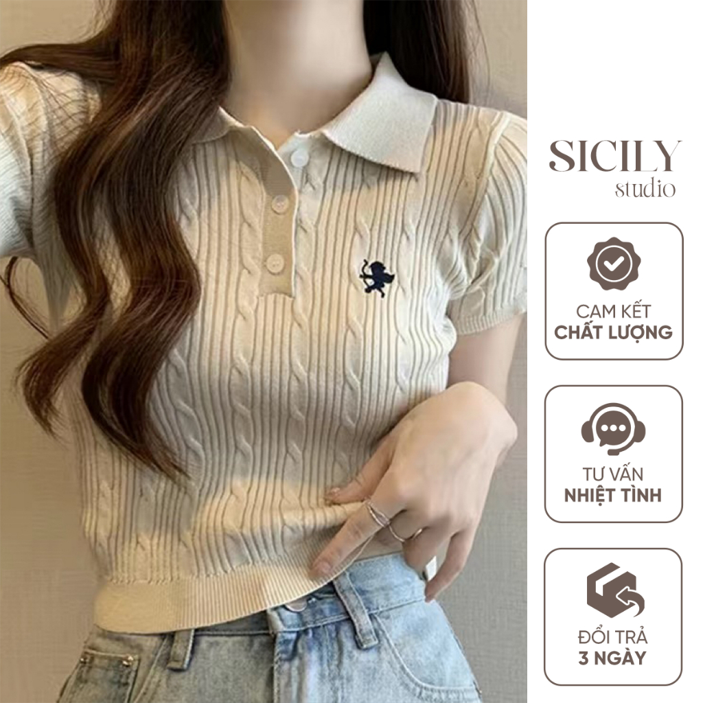 Áo len polo nữ cổ bẻ có cúc, áo len ngắn tay ôm body tôn dáng họa tiết ...