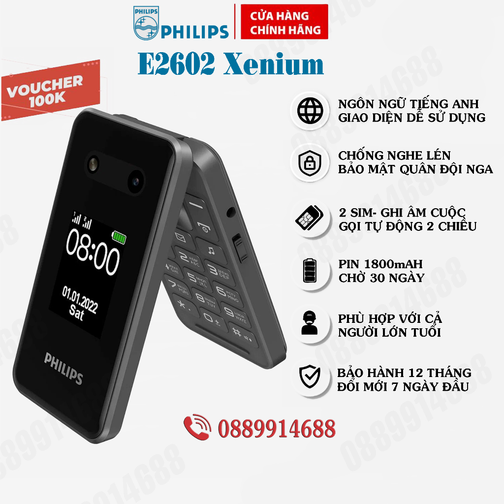 Điện thoại Philips Xenium E2602 2Sim 2Màn hình Pin 30ngày Chống nghe ...