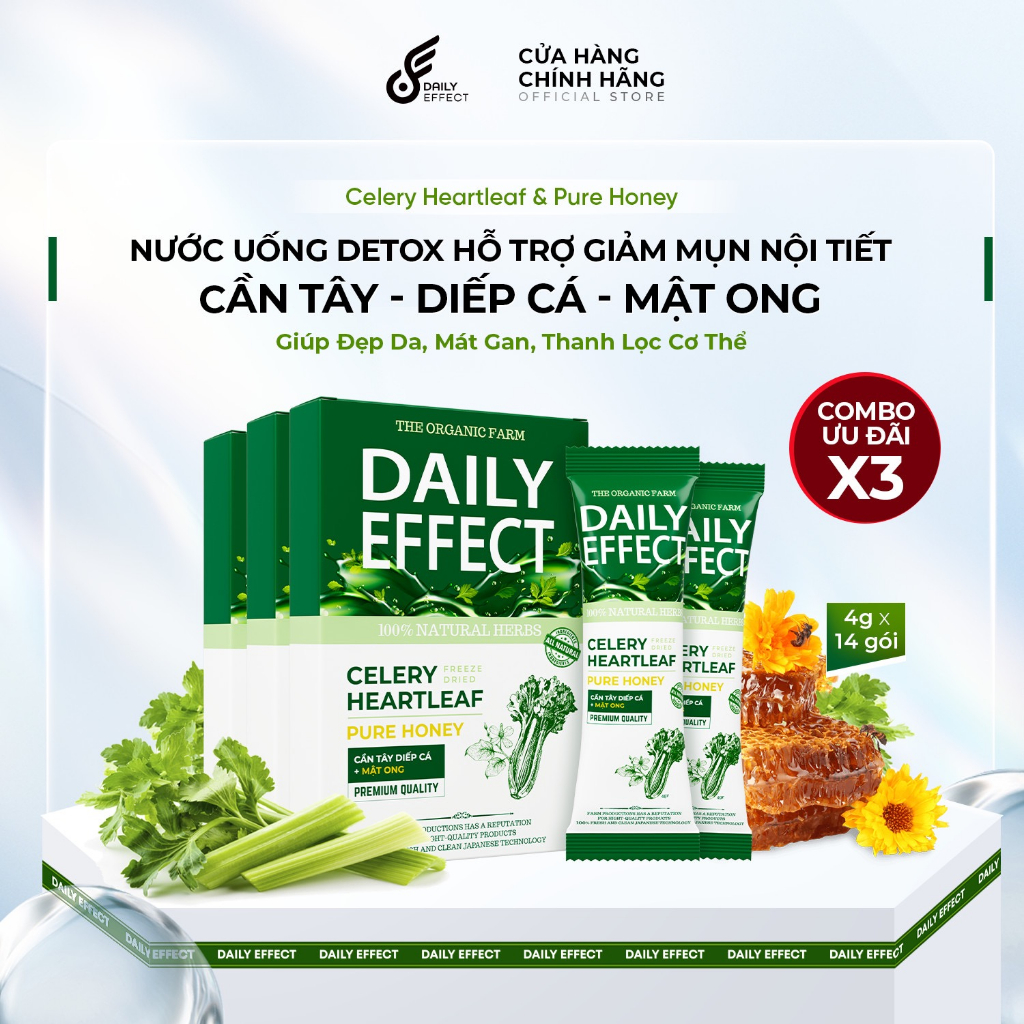 (Đã bán 3,9k) [CHÍNH HÃNG] COMBO X3 - Nước Uống Detox Cần Tây Diếp Cá Mật Ong DAILY EFFECT (hộp 14 gói)