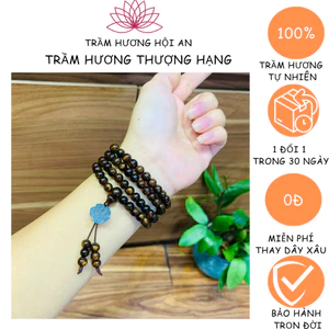 Vòng tay bằng trầm hương sánh chìm 6ly 108 hạt mix charm hoa mẫu đơn đá Aqua.