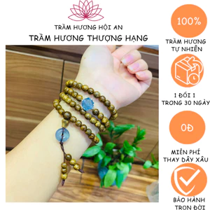 Vòng trầm hương tốc tự nhiên 6ly 108 hạt mix đá hoa mẫu đơn Aqua,điếu,bi bạc.