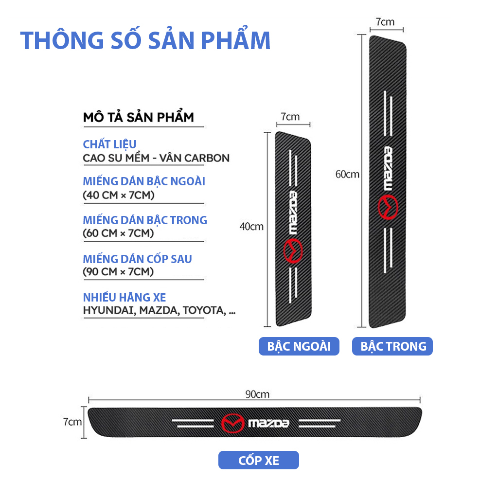 Nẹp cửa chống trầy xước dán vân carbon bảo vệ bậc cửa xe hơi oto Hyundai i10,Accent,Elantra,Kona,Creta,Tucson,Santa Fe