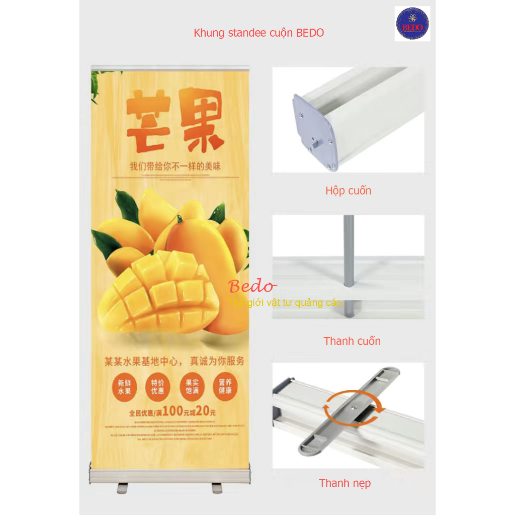 Khung Standee cuộn BEDO - Standee cuốn nhôm gọn cao cấp - Standee chữ T tái sử dụng nhiều lần