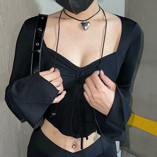Áo croptop cổ tim tay loe kiểu croset tôn eo kèm dây rút cổ áo quyến rũ Retro
