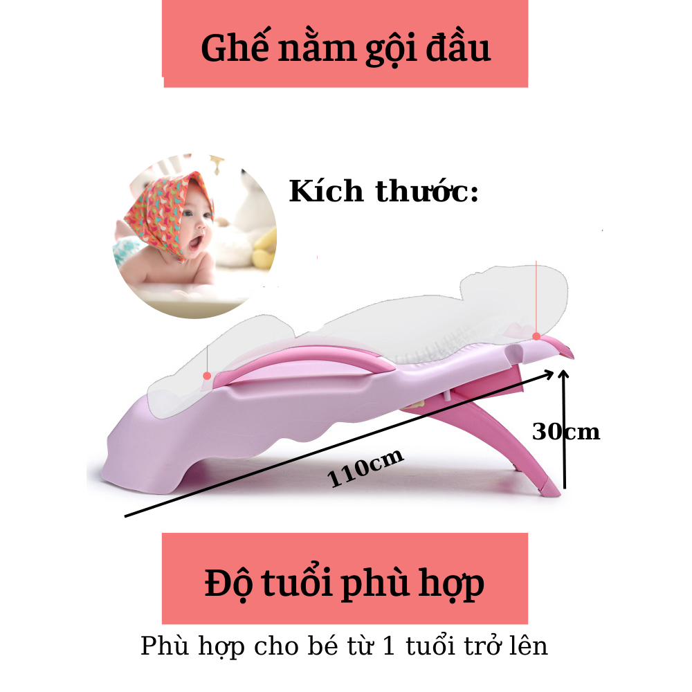Ghế nằm gội đầu cho bé có tấm lót chống mỏi cổ, điều chỉnh nấc cao thấp phù hợp với cơ thể