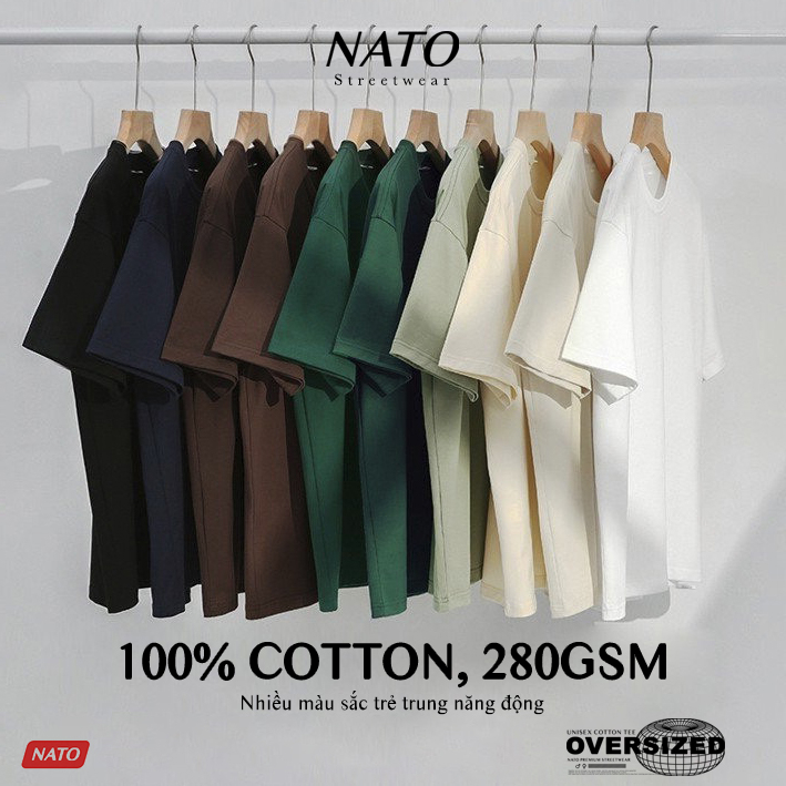 Áo Phông Rộng Tay Lỡ Nato Tee Màu Trơn Cổ Tròn Oversize Nam Nữ Vải Thun Cotton Cao Cấp 280Gsm | BigBuy360 - bigbuy360.vn