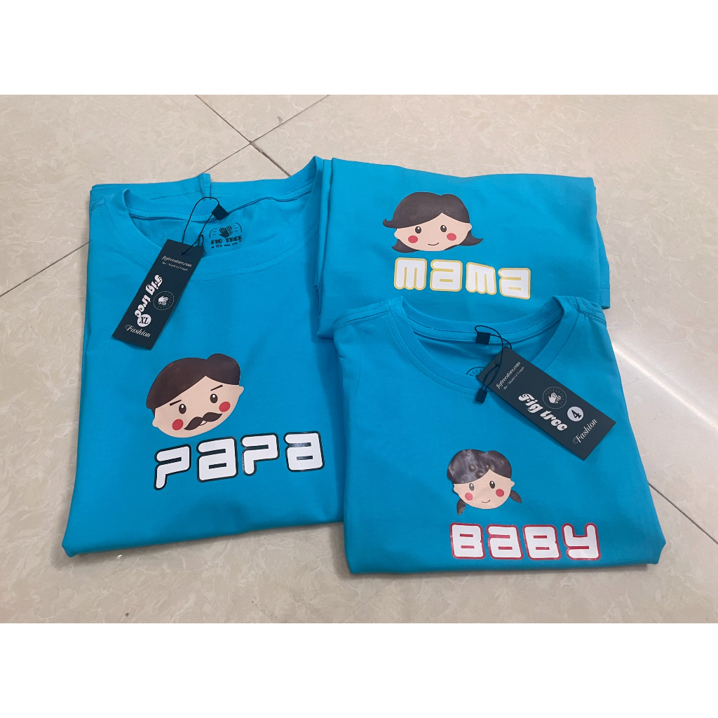Áo Thun Gia Đình Fig Tree, Màu Xanh Ngọc PaPa, MaMa, Baby Siêu Dễ Thương, Chất Cotton Cao Cấp