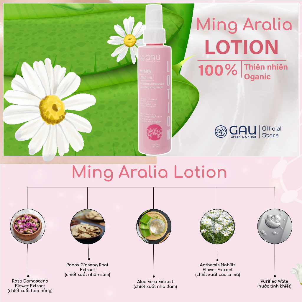 Sữa dưỡng trắng mịn da Face Lotion Thiên nhiên An toàn GAU Ming Aralia Whitening& Moisturizing 150ml