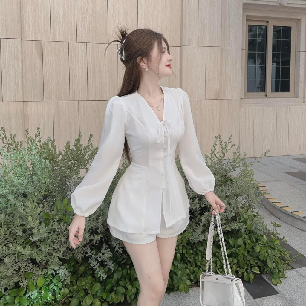 Elora Set - Áo Sơmi Cổ V Tay Phồng Đính Đá & Chân Váy Ôm Cột Dây