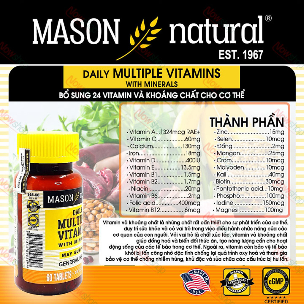 Viên uống hỗ trợ tăng cường sức khoẻ Mason Natural Multiple Vitamins bổ ...