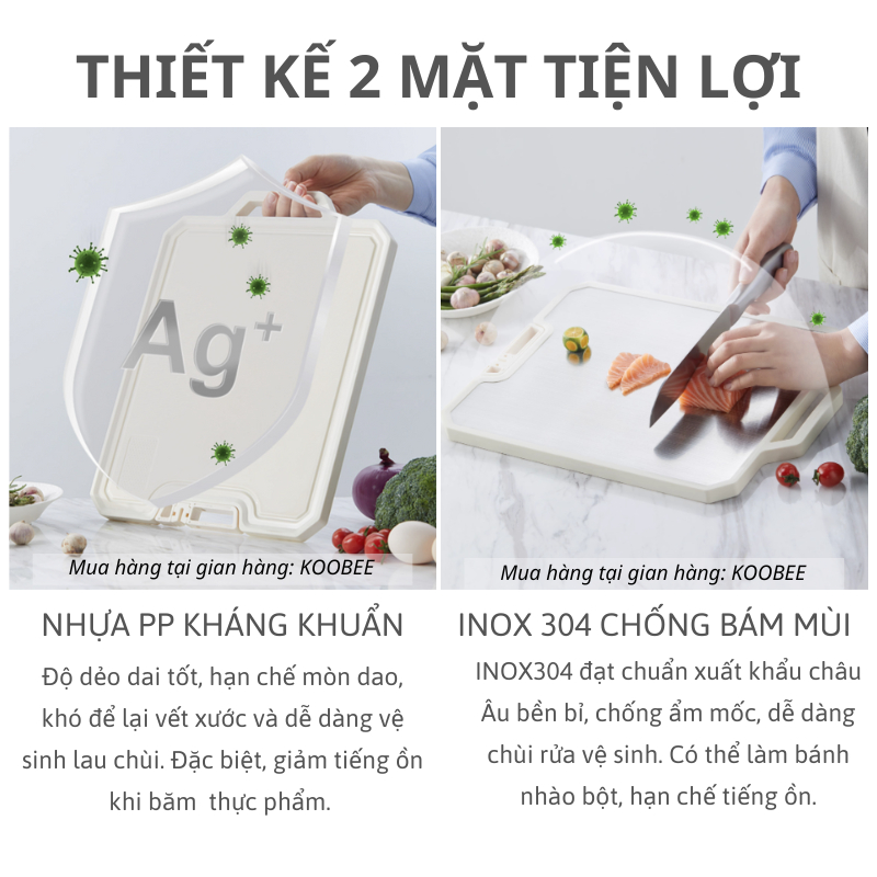 Thớt Inox 304 và nhựa kháng khuẩn KooBee cao cấp 2 mặt tích hợp đá mài dao kéo thông minh (NB86)